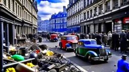 1940s London street with bomb damage, injured people, vehicles, ambulances, fire engines, wartime, full colour