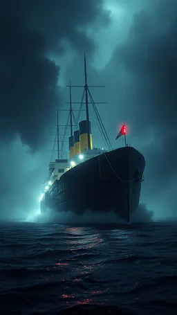 ,surrealism of the dark of a nightmare , hyper photorealistic, hyper detailed bright art color, high resolution, fog, octane render, tilt shift, HDRI Environment, all pictures dark gray, a torpedo hitting a ship
