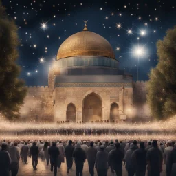 Hyper Realistic lots of people celebrating outside al-aqsa mosque with garland lights at night with stars on sky