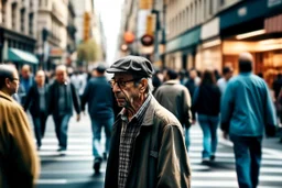 persona en la calle. Fotografía realizada con cámara Leica y objetivo de 35 mm. Fotografía realista y en color. Fondo desenfocado