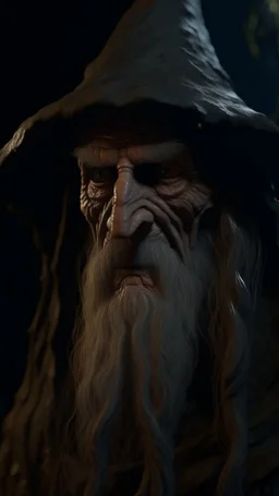 Busch painting style nightmare, a zoomed view of a wizard face in a 3d rendering full-height image of a grim and dark scene. Ensure the final images exhibit the utmost quality, with the play of a torch-lit dungeon encompassing 4K, 8K, and 64K resolutions, with 3D rendering that manifests in photorealistic, hyperrealistic, and highly detailed representations. Employ techniques such as HDR, UHD,