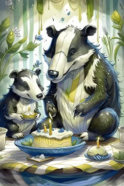 (fairy tale badger adult and little badger junior, animal by Monge)) an insanely beautiful smiling badger, extremely fine detailed fluffy fur, shining smiling eyes very well shabby chick dressed is baking a birthday cake with many light candles together with the smiling little badger, fine detailed fluffy fur, shining eyes shabby chick dressed in his kitchen with many pots: Background kitchen as in a cave, anatomically correct, flawless, full body shot, complete figure, by Monge, by Potter, by D