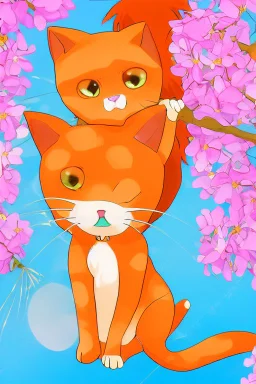 very cute anime cat with long orange hair catching a butterfly