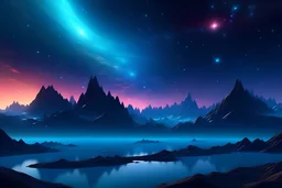 4k landscape realistic Fantasy world galaxy, space, ethereal space, cosmos, water, panorama. Palace , Background: An otherworldly ocean, bathed in the cold glow of distant stars. The landscape is desolate and dark, with jagged mountain peaks rising from the frozen ground. The sky is filled with swirling alien constellations, adding an air of mystery and intrigue. Old castle of london, detailed , enhanced, cinematic, 4k,by van gogh