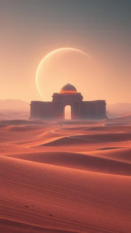 realistic photo of a landscape covered in sands that looks futuristic with futuristic lighting, ancient building in the middle
