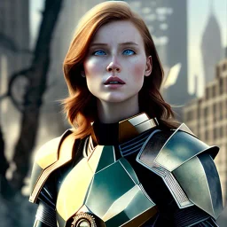 ultrarealistic, ruined city,__sci-fi armor__, __angles__, 18 year old woman, strikingly beautiful, ginger hair, _colour_, [__starlets__|__starlets__], (pale __skincolor__ skin:1.2), __camera__, _hair_, detailed face and eyes, medium breasts, leather choker, freckles, dynamic pose, resolved expression, __accessory__, strappy outfit, (straps:1.1), sword in scabard on left hip, (buckles, buttons, snaps, rings:1.0), haltertop style breastplate, detailed eyes, plump lips, sci-fi theme