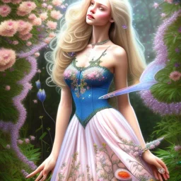 corps entier avec jambes et pieds de belle jeune femme féerique blonde avec cheveux longs, yeux bleus , beau visage détaillé, robe rose, dans un jardin magique et fleuri