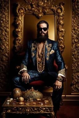 Artistic photo in the audacious style of Jill Greenberg, of man with a luxurious and striking style, abundance of jewelry, oversized square one-piece sunglasses,black beard, prints, extravagant, baroque scene , impasto style with thick textured strokes