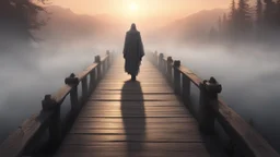 walking straight ahead over a wooden bridge, holding the angel of death with your right hand, entering the fog at the end of the road that leads to the afterlife, a stream from the mountains flows from the right and left, and a beautiful sunset behind the fog, realistic