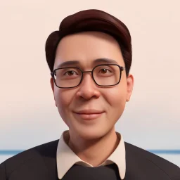 a portrait of smiling a man. netherlands-indonesia blood. round 40years old. carricature. dark black hair. short hair. light brown skin. dark brown eye pupils. wearing small rectangle, thin frame glasses. square face shape. formal dress. pixar style. 3D. 4k. portrait. highly detailed. sharp focus. high resolution. full color. cinema lighting