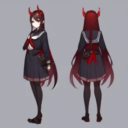 Clear focus,High resolution, Black long hair, Red eyes, Red horns, Wearing a black and red sailor uniform, Holding a cannon, Looking away from the viewer, Full body, Concept art