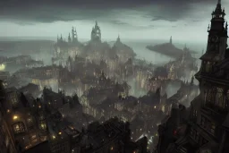 Dark city Insland+Quebec city+Gothic village +hill+canal+bridges+corner building on hill+Gothic city+BioShock+Dishonored+Bloodborne +trieste+Edinburgh+Chicago+victorian London+decòpunk Skyscraper+ +steampunk+biopunk+alphonse mucha, greg rutkowski,matte painting, cryengine, hyper detailed, felix kelly, fantasy art, seb mckinnon