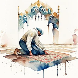 A man is performing sujood, background of islamic pattern, watercolour painting