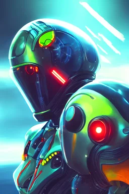 Robot Suit, Samus Aran, Space Background, Bust, Concept Art, Helmet, Profile, High Detail, 2D art, Artstation, Neon lights, Sci-fi, Space suit, Makoto Kano, Metroid