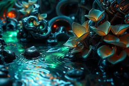 Macro photography of a sci-fi ecosystem. Close-up of metallic recursive architectural elements merging with organic bioluminescent plant life. The water in the nearby stream shows impossible fractal ripples and metallic sheen. Intricate procedural patterns, high-tech nature, hard-surface modeling aesthetics mixed with soft organic curves, subsurface scattering on petals, high-gloss metallic reflections, 4k, Octane Render style.
