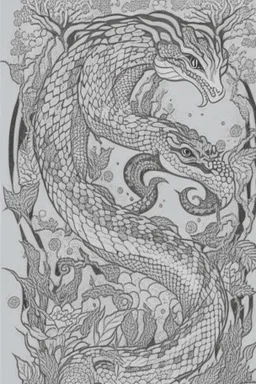 coloring book page of a magical snake, monochrome, black and white, sharp, sketch drawing