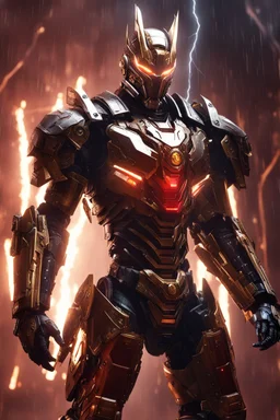 Dark Lord Evil mechanical robo warrior character, anthropomorphic figure, wearing futuristic mecha warrior armor and weapons, reflection mapping, realistic figure, hyperdetailed, cinematic lighting photography, 32k uhd with a golden staff, red lighting on suit, lightning thunder storm background