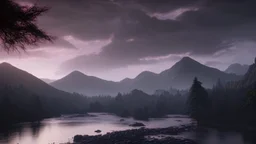 Cloudy dark sky, Distant epic mountains, river, rocks, trees