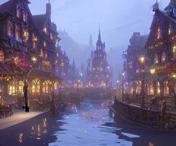 A magical town square with canals for warlocks and witches in Christmas