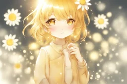 cute chibi daisy girl in sunshine, watercolor and black ink outlines, sparkling golden glitter, ethereal, cinematic postprocessing, bokeh, dof