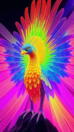 Rainbow Feathered Quetzalcoatl in the style of Giger and Escher in Transparent Psychedelic Fluorescent Colors looking like a Record Cover