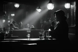 black and white picture of Theresa Hak Kyung Cha, a solitary figure in the shadows and the fumes of the jazz bar, the scene unfolds before you like a carefully crafted tableau. The air is thick with the mingling scents of tobacco and aged whiskey, accompanied by the rhythmic clinking of glasses and the soft murmur of conversation. The dim lighting casts long shadows across the room, lending an air of mystery to the space.