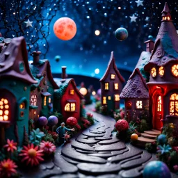 Detailed people, creepy street made of modeling clay, naïve, kh7, village, stars and planets, splimapys, sun, splops, volumetric light flowers, naïve, Tim Burton, strong texture, sgudyut, orero dream, extreme detail, 2mkl, Max Ernst, decal, rich moody colors, sparkles, Harry Potter, bokeh, odd, sbuc