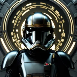 star wars bald male corellian pilot wearing gunmetal grey and black First Order TIE pilot armored flightsuit and helmet with gold trim inside the jedi temple, centered head and shoulders portrait, hyperdetailed, dynamic lighting, hyperdetailed background, 8k resolution, volumetric lighting, light skin, fully symmetric details