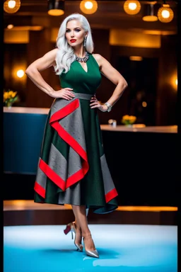 full body of very beautiful ukrain lady wearing green_black pretty midi flared dress ,white gray hair ,standing idle pose in studio