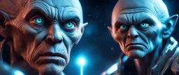 Close-up confrontation between an ancient alien outcast leader and a space broker, standing only a meter apart, clear big real eyes, huge glowing crystalline rod between them, anger mixed with sadness, dramatic facial expressions, shallow depth of field, cinematic lighting, stylized 3D anime, airbrush painting, crisp outlines