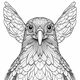 Pigeon, front face view, mandala, minimal lines, cartoon, white back ground color, real style, realistic, minimalistic, minimal black line art, line art, crisp line art, unique coloring sheet, outlined, outline, crisp, crisp line edges, illustration, thin lines, crisp clear lines, line art, clean line art, unique, 8k, amazing, masterpiece, no colors, no dark color, no black color, avoid thick black, minimalistic line edges, pure white back ground, image character full fit to page,