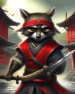 raccoon as a samurai, realistic, 2 katanas, city, red straw Hat