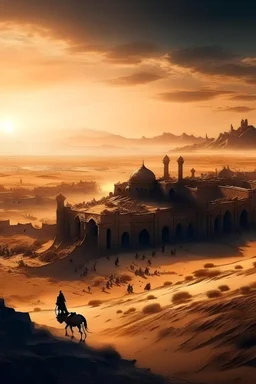 Ciudad antigua abandonada en el desierto vista desde una perspectiva panorámica iluminada por el atardecer en donde en segundo plano se encuentre una figura humana oscura subida encima de un camello con un estilo gótico