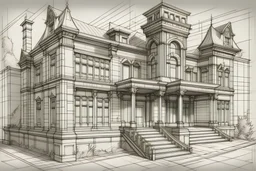 Can you based on the image create an old antique architectural plan sketch from the front of it.