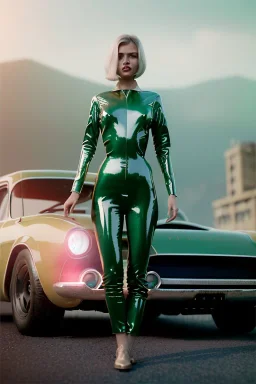 Ultra Realistic retro sci-fi, 1960 year, levitating all cars and a young blonde woman quiet, latex suit, soft color, highly detailed, unreal engine 5, ray tracing, RTX, lumen lighting, ultra detail, volumetric lighting, 3d, finely drawn, high definition, high resolution.