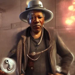 Morgan Freeman steam punk character very detailed cinematic unreal engine photo realistic