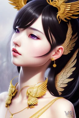 Detailed cute anime Kunoichi girl with wings, hair buns, bangs, black latex bodysuit, intricate details, full body portrait, keep head in frame, slight smile, black Japanese motif, concept art, highly detailed, digital painting, concept art, sharp focus, illustration, art by Yoji Shinkawa, WLOP and greg rutkowski and alphonse mucha and artgerm and yanjun Chen and Junji ito and Makoto Shinkai, HDR, octane render