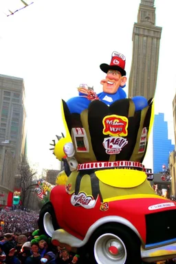 macy's day parade float of Bill Newton from hill climb racing the game