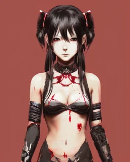 Detailed cute anime assassin girl, blood read hair buns, blood red bangs, black latex bodysuit, intricate details, full body portrait, keep head in frame, slight smile, black Japanese motif, concept art, highly detailed, digital painting, concept art, sharp focus, illustration, art by Yoji Shinkawa, WLOP and greg rutkowski and alphonse mucha and artgerm and yanjun Chen and Junji ito and Makoto Shinkai, HDR, octane render