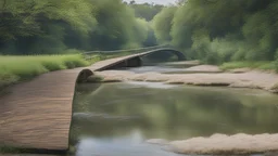 A stream with ripples and a boat anchored on the shore,A bridge in the background