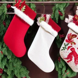 exquisite whimsical christmas stockings in embroidery hoop, intricate, highly detailed, linen and wood backdrop