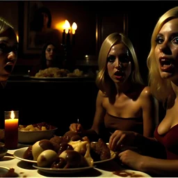 Horror movie shot, spooky, hot, ultra realistic, dine, horns, ultra realistic hot blonde women, party, pieces of meat, organs, ail, dynamic, very excited people, hypermaximalist figures, light, 1970's Italian horror movie, sinister,, Dario Argento, Stanley Kubrik, ornate, 4k, photorealism