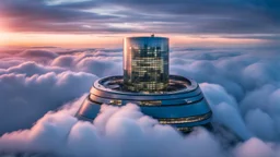 medium shot photo from high-tech futuristic office building between in big clouds , glass and metalic walls, tall, cyberpunk, blue, and dark colors, cold colors, high detalied, shapr focus, sci-fi mood