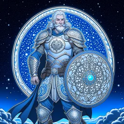 Please create an image for a 30-year old aasimar male with silver hair and a short, square beard and blue eyes. He is standing outside in the moonlight wearing plate armor and wielding a shield and a mace. His equipment is adorned in multiple places with crescent moons and stars