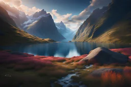 A fjord through immense mountains. a 60.000 foot high mountain in the distance. fantasy concept art, exquisite realism, a masterpiece, dynamic lighting, hyper detailed, intricately detailed, deep color, Unreal Engine, volumetric lighting , Epic cinematic brilliant stunning intricate meticulously detailed dramatic atmospheric maximal,