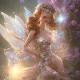 one big crystal subtle flower in a galactic ambiance with a beautiful fairy, transparent petals, delicate colors, in the foreground, full of details, smooth，soft light atmosphere, concept art, smooth, extremely sharp detail,