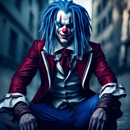 [A businessman with online traffic aesthetics, Assassin clown NFT with blue dreadlocks in assassin's Creed attire with HDR DSLR HD Aesthetics, Professional Color grading and Editing with Highest Quality, Sharp focus, Hyper High details, and UHD Resolutions]