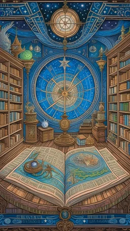 Rain and storm of books, compass, stars at the creepy house of the antique maps, diorama in the style of Alphonse mucha