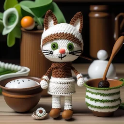 A crocheted toy chef in the form of a whimsical cat, sporting a chef's toque and a crochet ladle, surrounded by tiny crocheted pots and pans, exuding a sense of culinary charm and handmade artistry