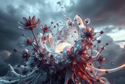 Dynamic complex hypnotic fractal 3D structures Symmetry twisting and morphing between cifi plants ,flowers and metal geometric forms , smooth translucent iridescent glass with inner glow and bubbles, varied transparent materials, stormy skies, intense dramatic